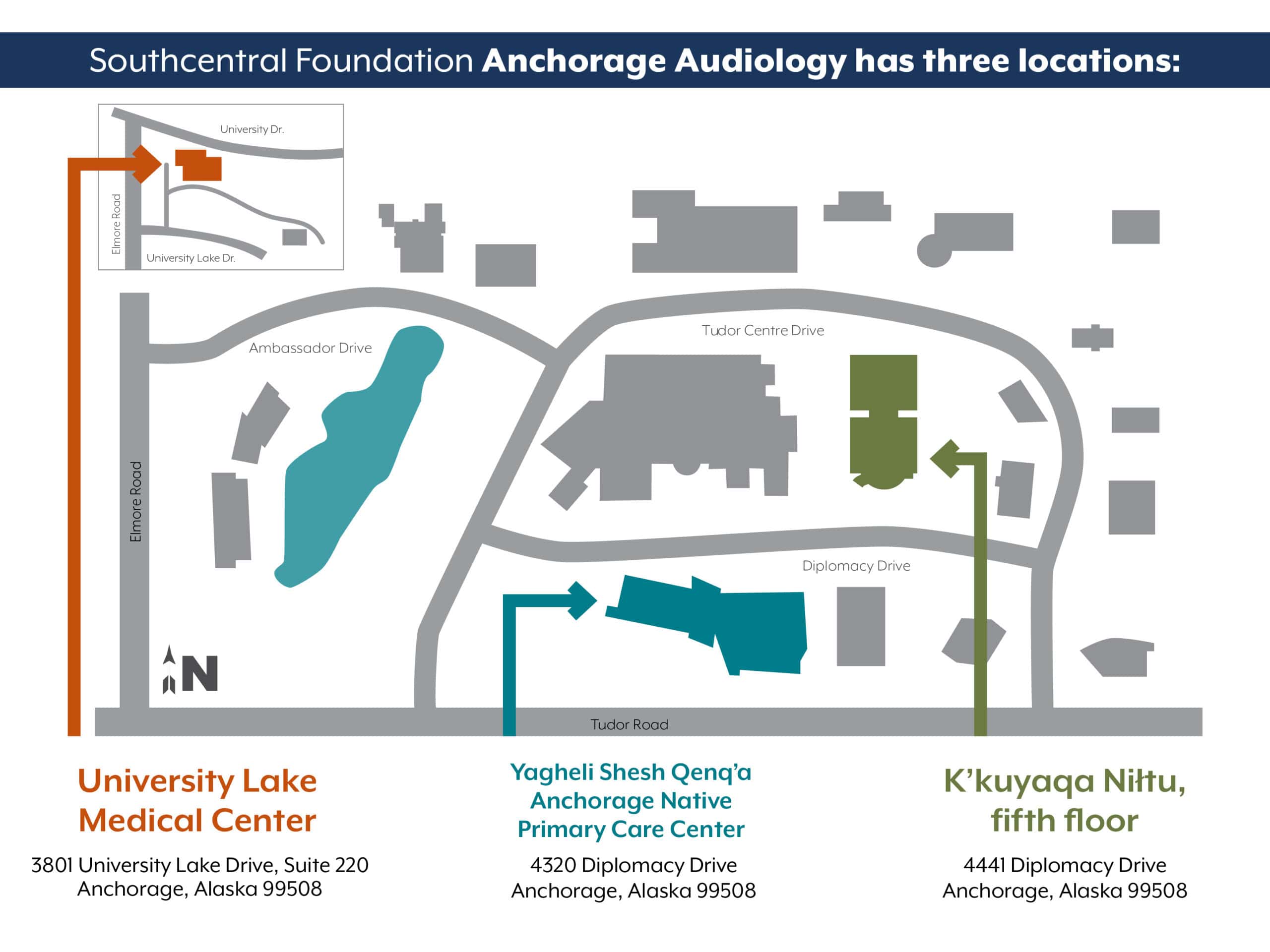 Map of Southcentral Foundation campus with audiology clinic locations.
